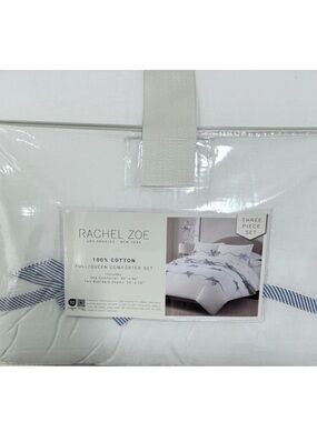 Rachel Zoe Full/Queen White and Blue Cotton Comforter Set All Over Bow Design